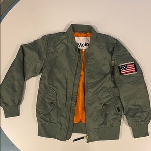 Molo Kids Olive Green Bomber Jacket with Orange Lining Size 10